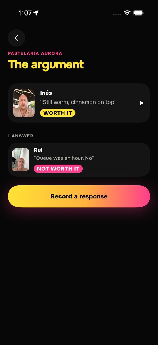 The argument screen: a Shpeel saying it was worth it, and an answer underneath saying it wasn’t.