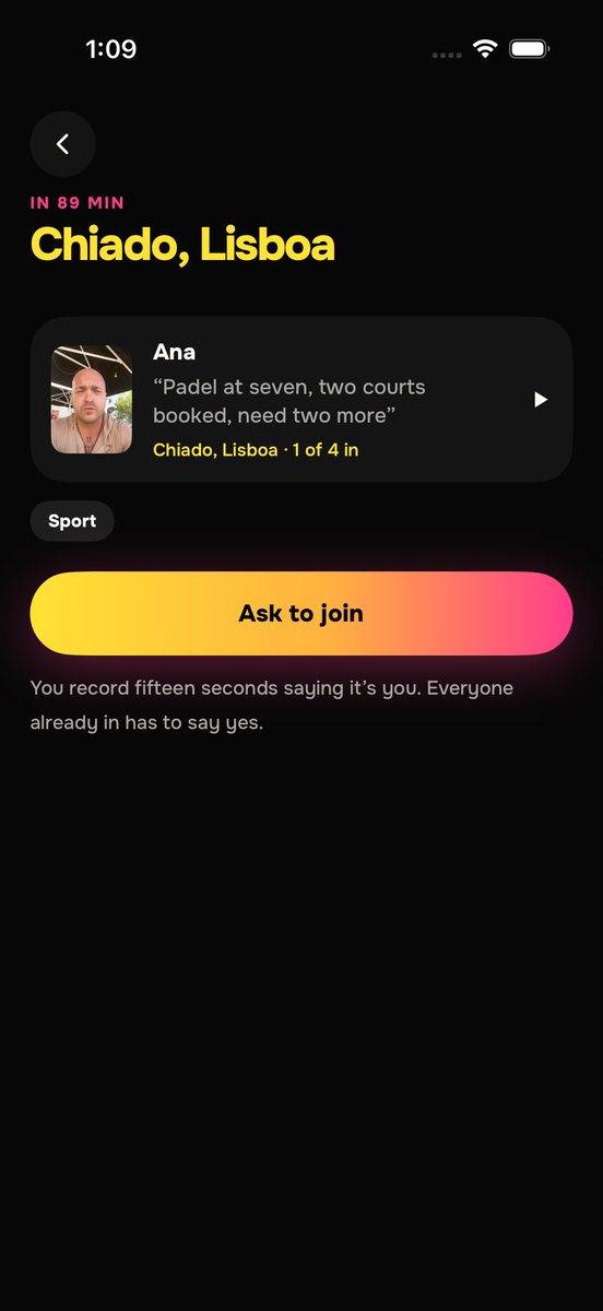 A plan open in the app, with the area, how far away it is and a button reading Ask to join.