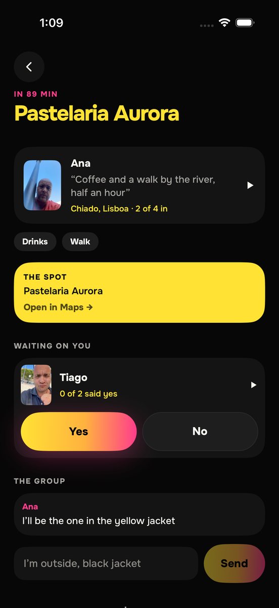 Inside a group: the meeting spot, somebody waiting on a yes, and the group’s messages.