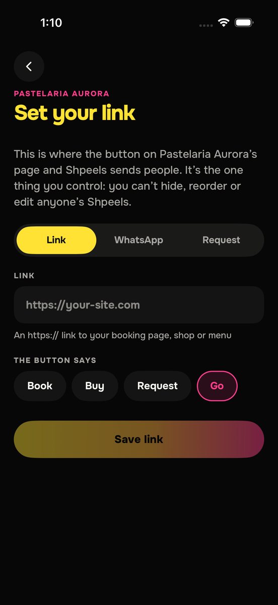 The link editor: a field for your link and a choice of Book, Buy, Request or Go.