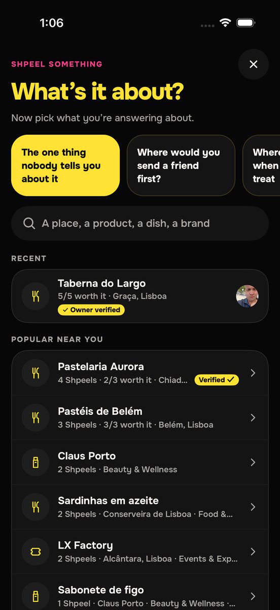 The app asking what the Shpeel is about, with a search box and a matching place.
