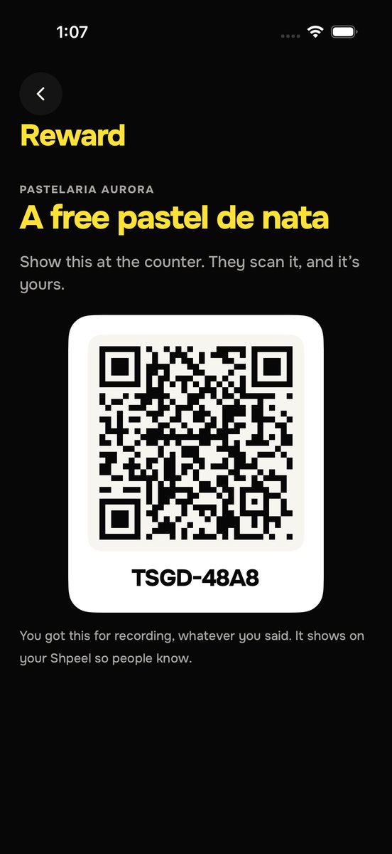 A reward in the app: a free pastel de nata, with a QR code to show at the counter.